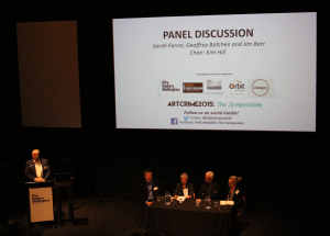 The panel discussion about selfies in galleries, chaired by Kim Hill, featuring Geoffrey Batchen, Jim Barr and Sarah Farrar